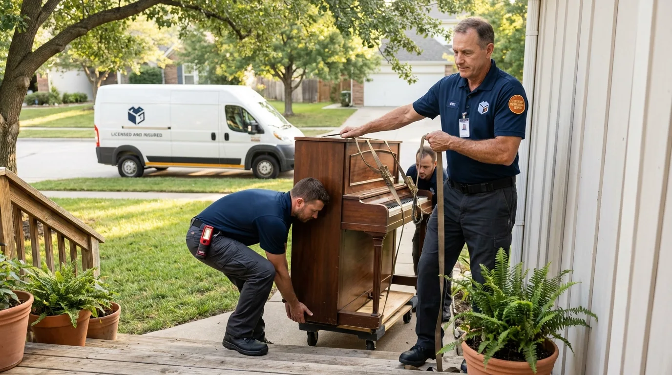 Licensed piano movers securing grand piano in Brighton, MI