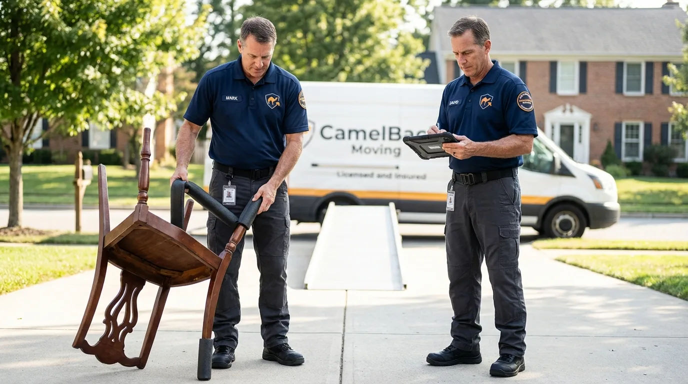 Movers inspecting furniture for damage prevention before loading in Brighton, MI