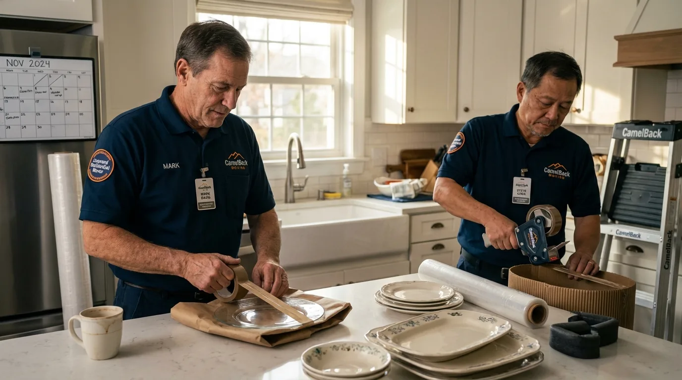 Professional crew packing kitchen dishware in Brighton, MI